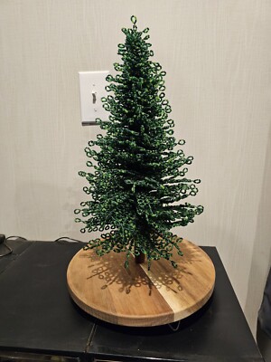 LARGE French Beaded Flower Handmade Christmas Tree With Wood Base Matte Greens
