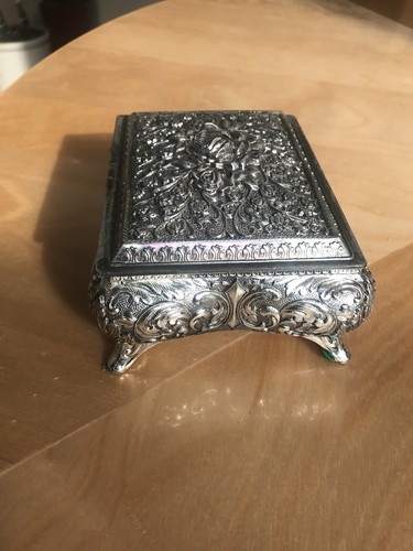 Antimoni Vintage Jewelry Box Fancy Ornate Metal with Roses Made in Japan NOS