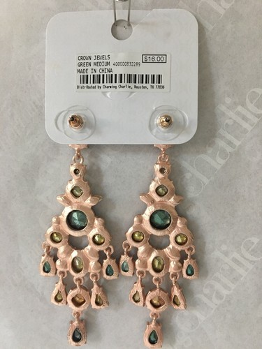 Charming Charlie Crown Jewels Rhinestone Green Chandelier Earrings Rose Gold