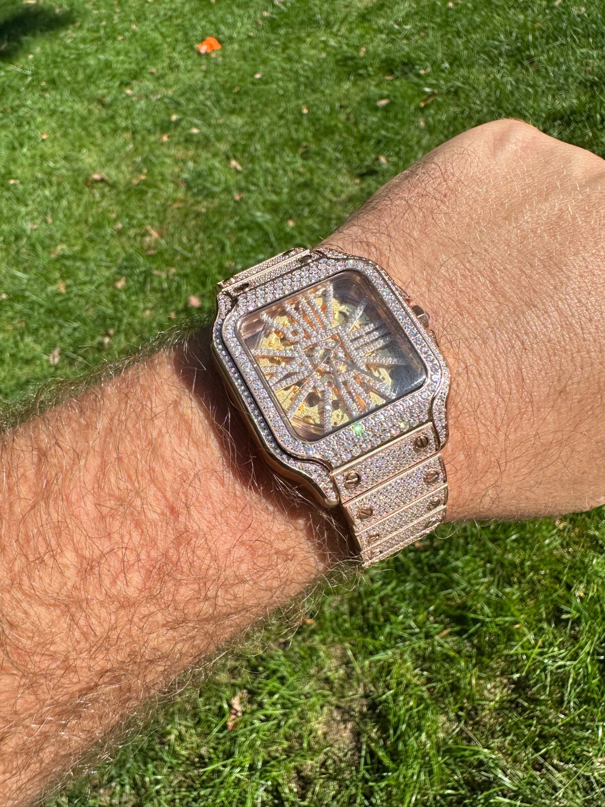 Pre-owned Hip Hop Real Mens Moissanite 14k Rose Gold Watch Iced Automatic Movement Hiphop Skeleton