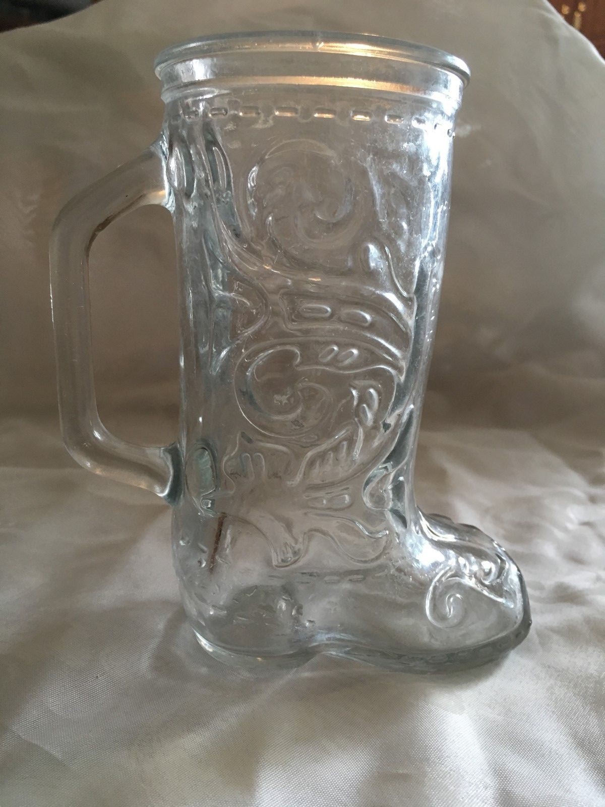 Vintage Cowboy Boot Fancy Design Beer Mug w / Handle Clear Glass a4