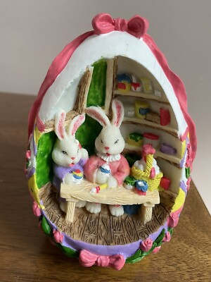 Resin Easter Egg Figurine w/Bunny Scene Inside~Painting My Favorite Color~4 Tall