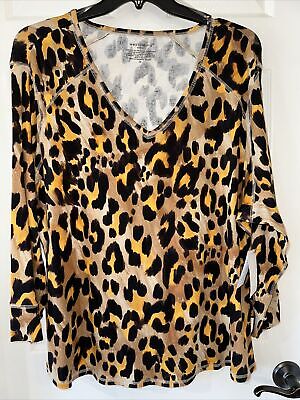 Westbound Woman 3X 3/4 Sleeve V-Neck Top Animal Print Brown Multi NEW