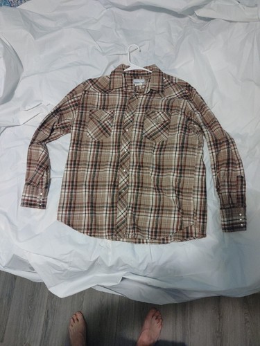 Wrangler Wrancher Pearl Snap Long Sleeve Flannel Brown Shirt Size X Large