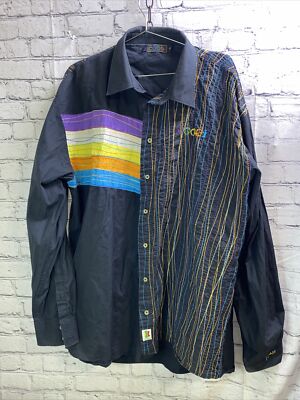 Vtg Coogi Mens 3XL Button Down Long Sleeved Black Neon Rainbow Shirt Y2K 27/36