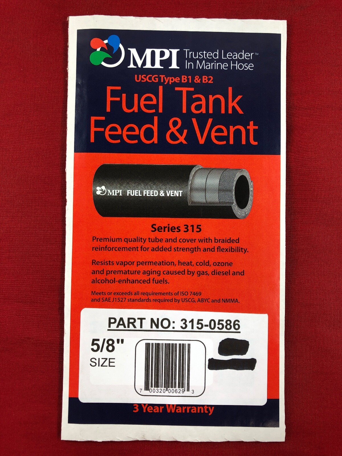 5/8" MARINE FUEL VENT HOSE USCG B2 SAE J1527 ISO 8469 SOLD BY FOOT 315-0580