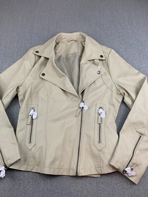 Max Studio Women's Vegan Leather Moto Jacket Womens Large Stone Cream Coat Biker