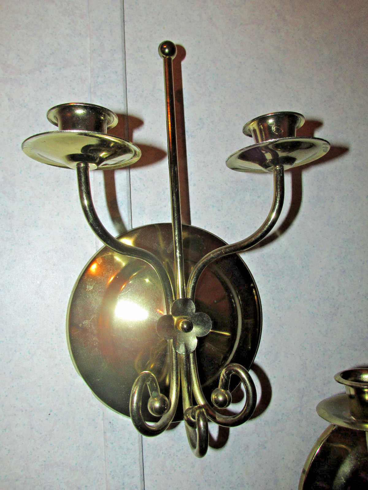 TWO HOME INTERIORS BRASS SCONCE DUAL CANDLE HOLDERS