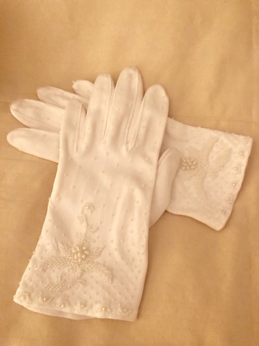 Vintage Pair Of Elegant  Dress Cotton Gloves With Faux Seed Pearls