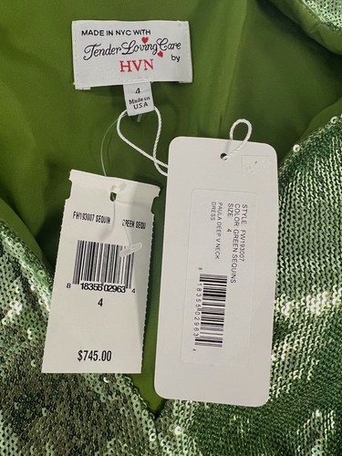 Pre-owned Hvn $745  Women's Green Paula Deep V-neck Sequined A-line Dress Size 4