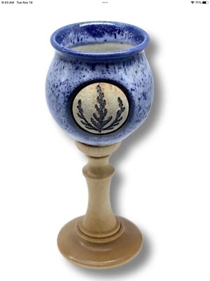 Vtg Hand Crafted Studio Art Pottery Chalice Goblet Wine Glass Wood Stem Blue USA
