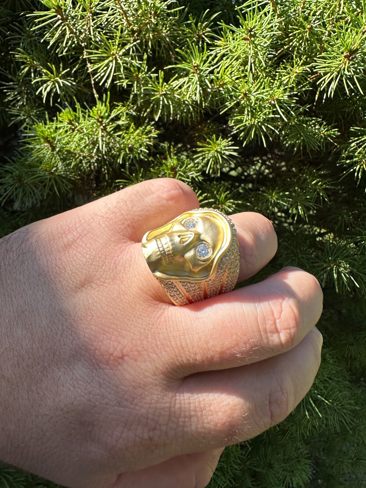 Pre-owned Silver Moissanite Iced Heavy Death Skull Ring Matte Real 14k Gold Over 925  In White