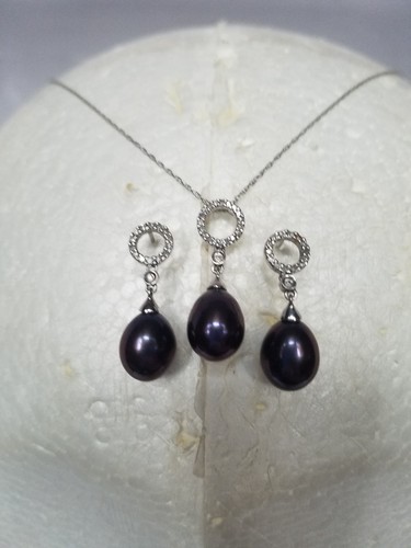 Estate 14K White Gold & Diamond & 10x8mm Black Pearl Earrings & Pendant
