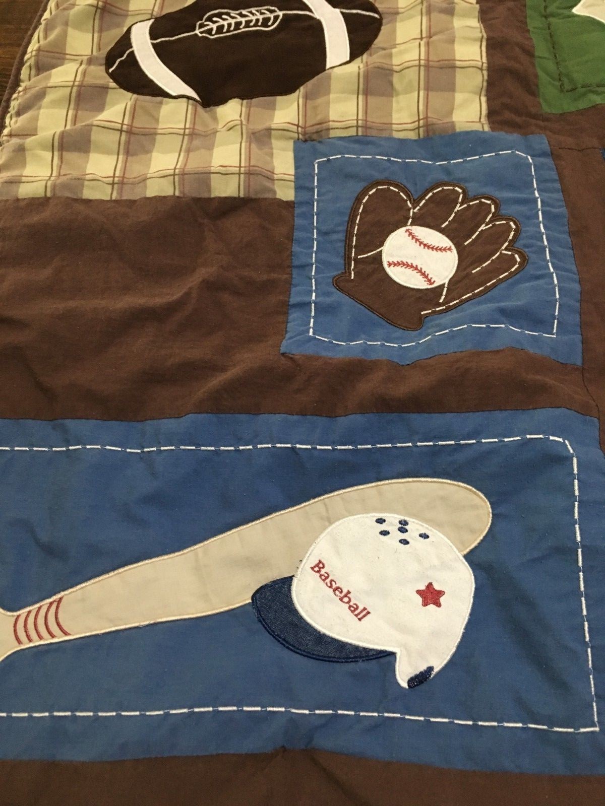 Geenny Baby Crib Blanket~Boys~Sports~Baseball~Soccer~Football~Green/Blue/Brown