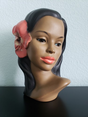 VTG MARWAL CHALKWARE POLYNESIAN HAWAIIAN WOMAN HIBISCUS FLOWER HEAD BUST VG USED