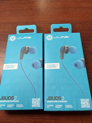 (2)JLab JBuds 2 Signature Earbuds  Marine Noise Isolate 3 Size Tips Comfort Fit