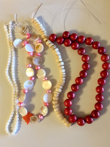 Red Coral, Shell, Freshwater Pearl Natural- 4 Strand, Mix Size, Shape