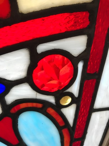 SG 2648 amazing antique arched jeweled Stainglass window 38 x 68.75