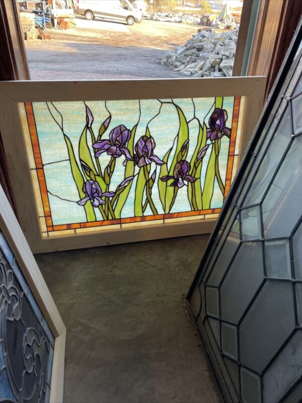 SG3787 antique stained glass window iris 26.25 x 36.5
