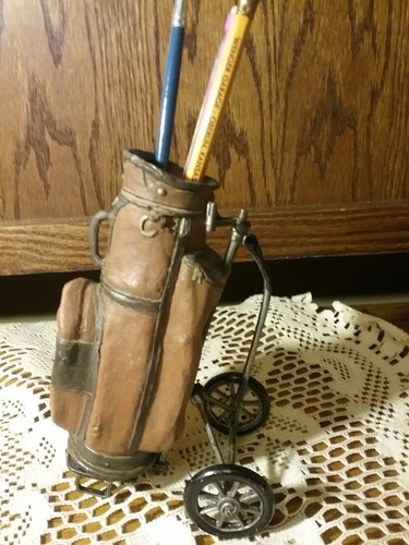 Vintage Keypoint GOLF CART  Brown Leather Look, Moveable Wheels, Pencil Holder