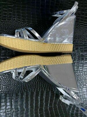 Pre-owned Prada Wedge Paglia Leather Sandals Heels Shoes Mules 40.5 In Silver