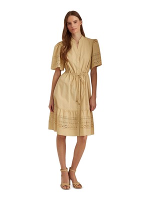 

LAUREN RALPH LAUREN Женское бежевое платье с галстуком и короткими рукавами, расклешенное платье, Бежевый