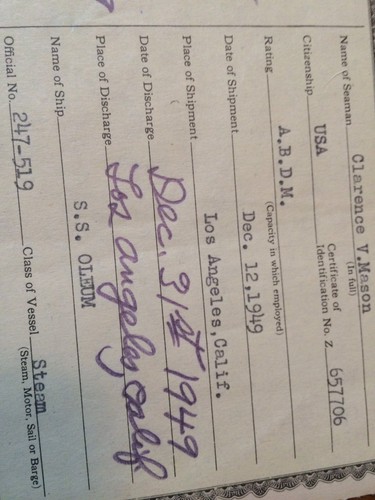 3 1949  U.S. Coast Guard Certificate of Discharge Merchant Seaman Steam Vessels