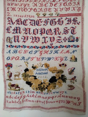 antique amazing alphabets embroidery sampler needlework dated 1855 item676