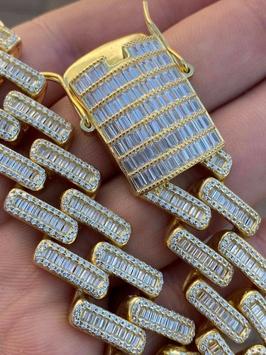 Pre-owned Silver 18mm Baguette Prong Cuban Chain 14k Gold Plated Solid 925  Heavy Hiphop Cz