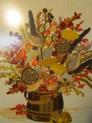 Finished Vintage Crewel Embroidery Floral Bouquet Basket Barn Wood Frame 21