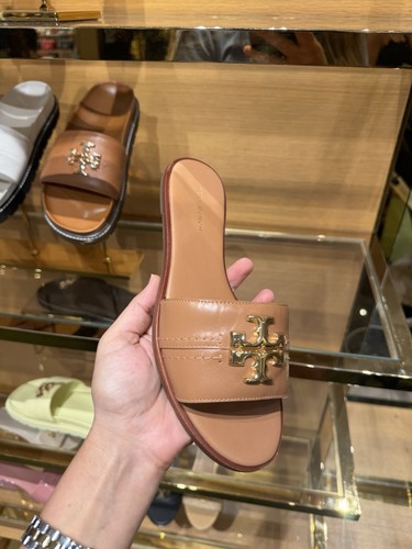 Pre-owned Tory Burch Everly Calf Leather Gold Logo Slide Sandals All Sizes Available