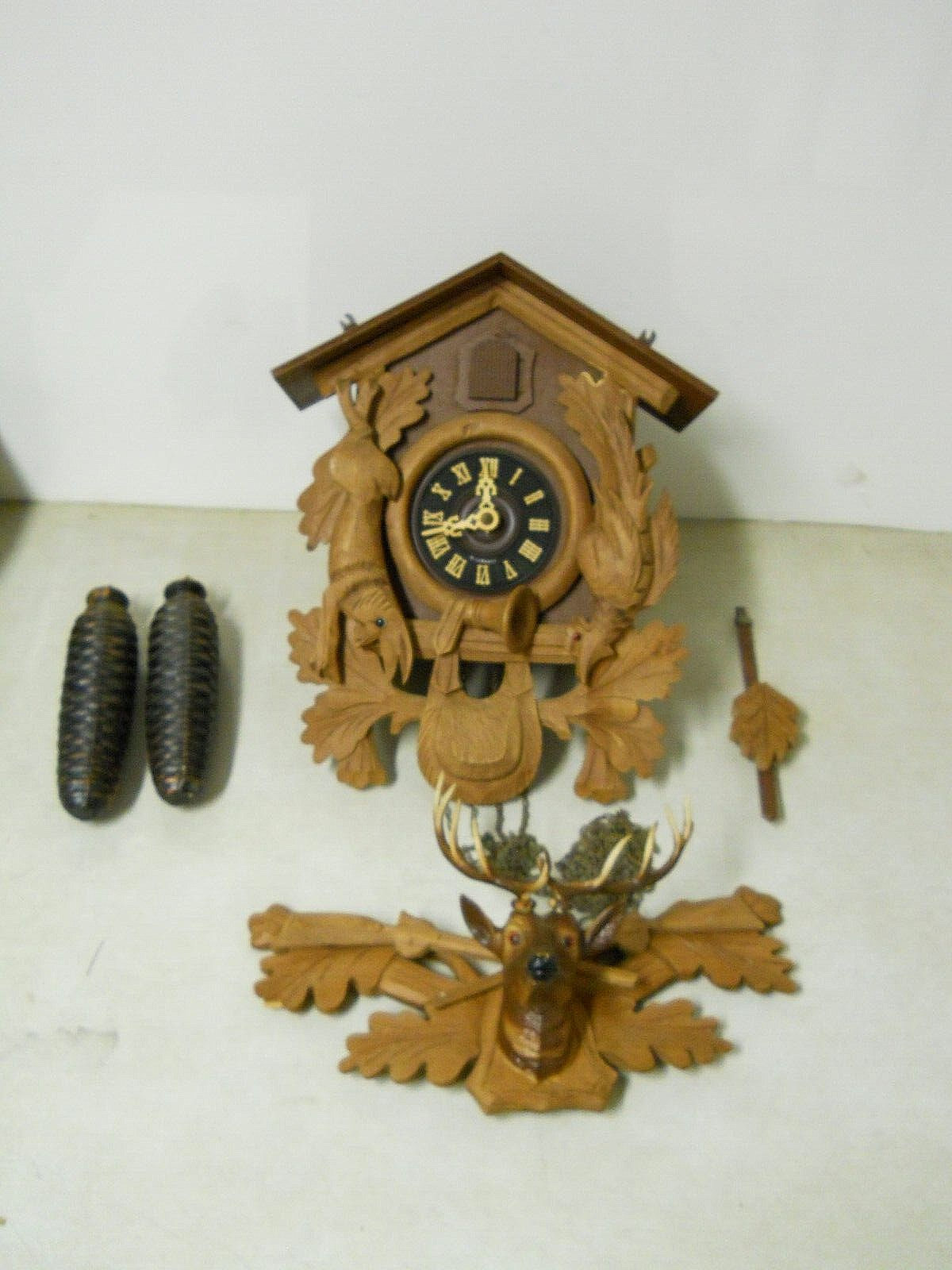 Vintage Black Forest West Germany Cuckoo Clock Stag Deer Rabbit Bird Accent