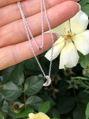 Silver Star Moon Layered Necklace 925 Sterling Silver Tiny Pendant 2.8mm/7.8mm