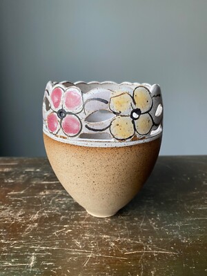 Studio Art Pottery Stoneware Vase Or Candle Luminary Signed Judy Brater Vintage