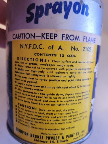 Vintage 50'S CHAMPION SPRAYON CHROME ALUMINUM 12.oz can STOCK NO. 1  USA - N.O.S