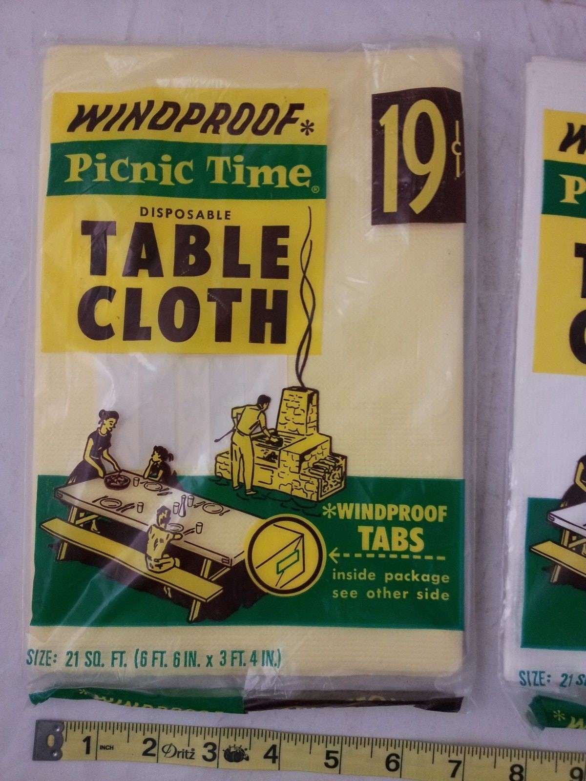 Table Cloth vtg old sealed 60s 70s lot yellow white picnic outdoor decor new USA