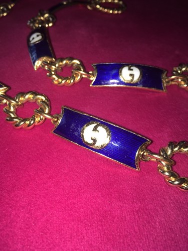 Vintage 70's Gucci Goldtone with White Blue Metal Link Belt