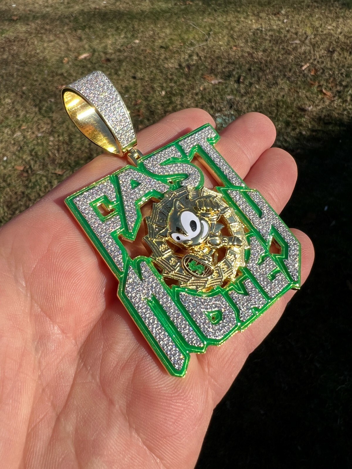 Pre-owned Silver Real 925  Gold Plated Cz Glows In Dark Fast Money Sonic Big Hiphop Pendant