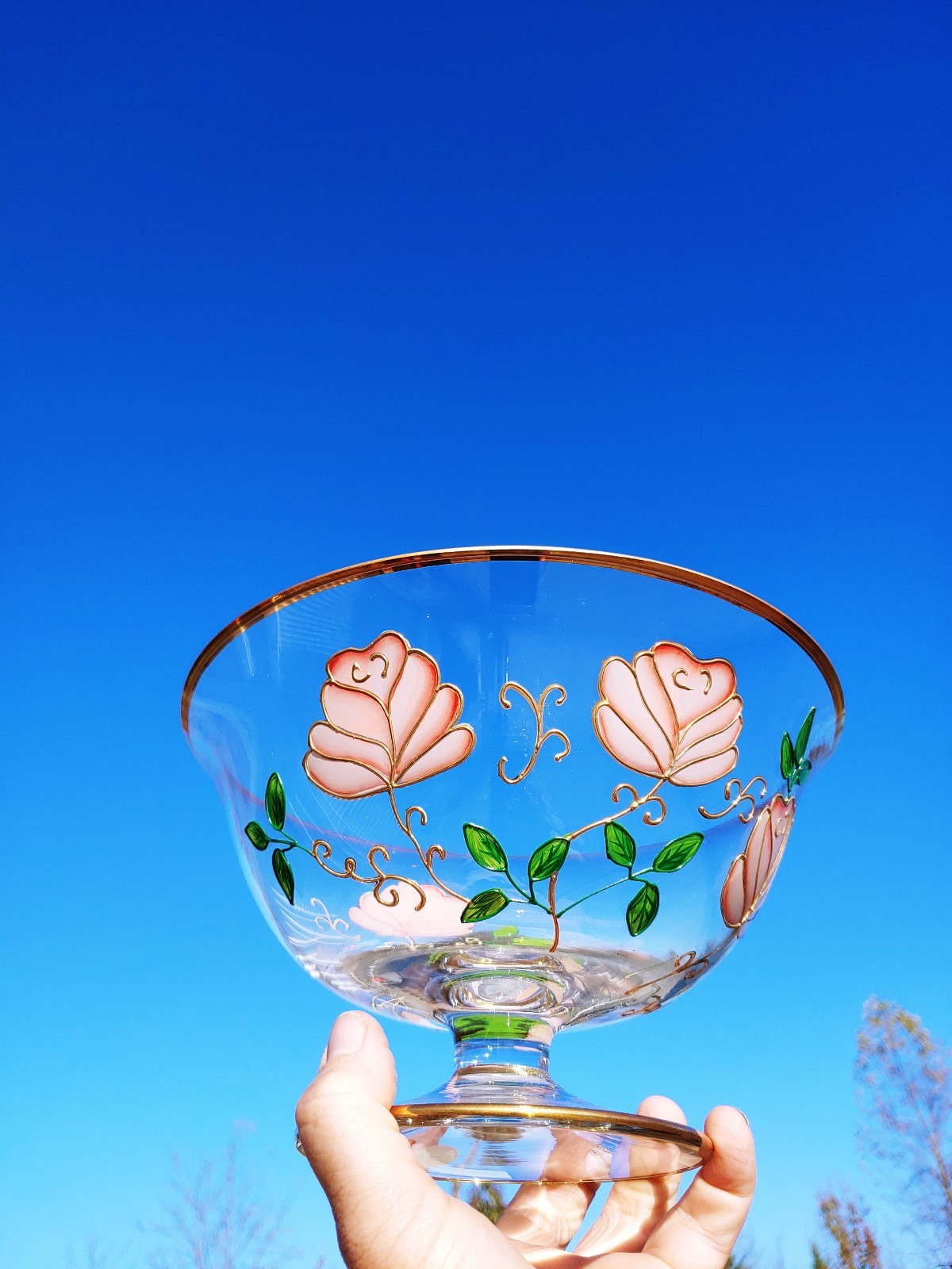 Vintage CRYSTAL CLEAR Romania Handpainted Pedestal Bowl Gold RARE UNIQUE ??j8