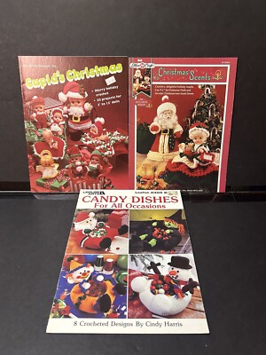 3 Christmas Halloween Holiday Candy Dishes Doll Crochet Patterns Fibre Craft