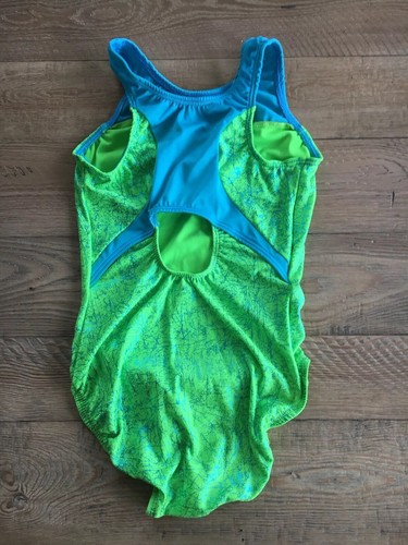 GK Elite Gymnastics Leotard Neon Green/Metallic Turqouise Racerback Child Large