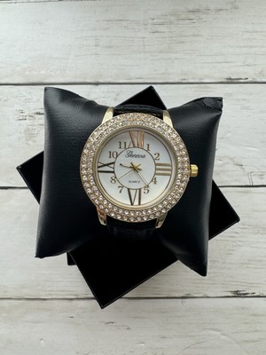 Geneva Quartz Watch For Women CZ Black & Gold Color Stainless Steel NEW!