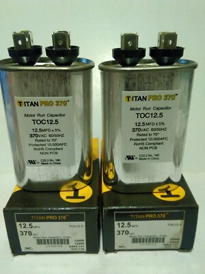 Two (2) Titan Pro 370 TOC12.5 Motor Run Capacitors 12.5 MFD 370 VAC, Oval, NOS