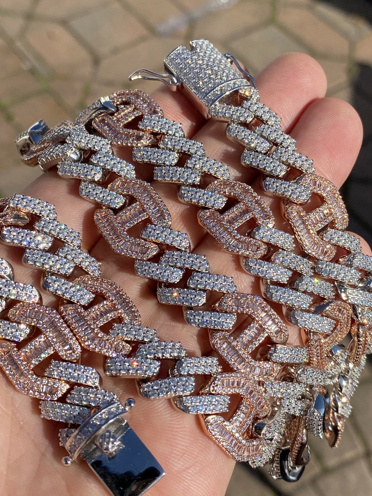 Pre-owned Silver Solid 925  Cz Rose Gold Plated Mens Figarucci Gucci Link Prong Cuban Chain In  & 14k Rose Gold