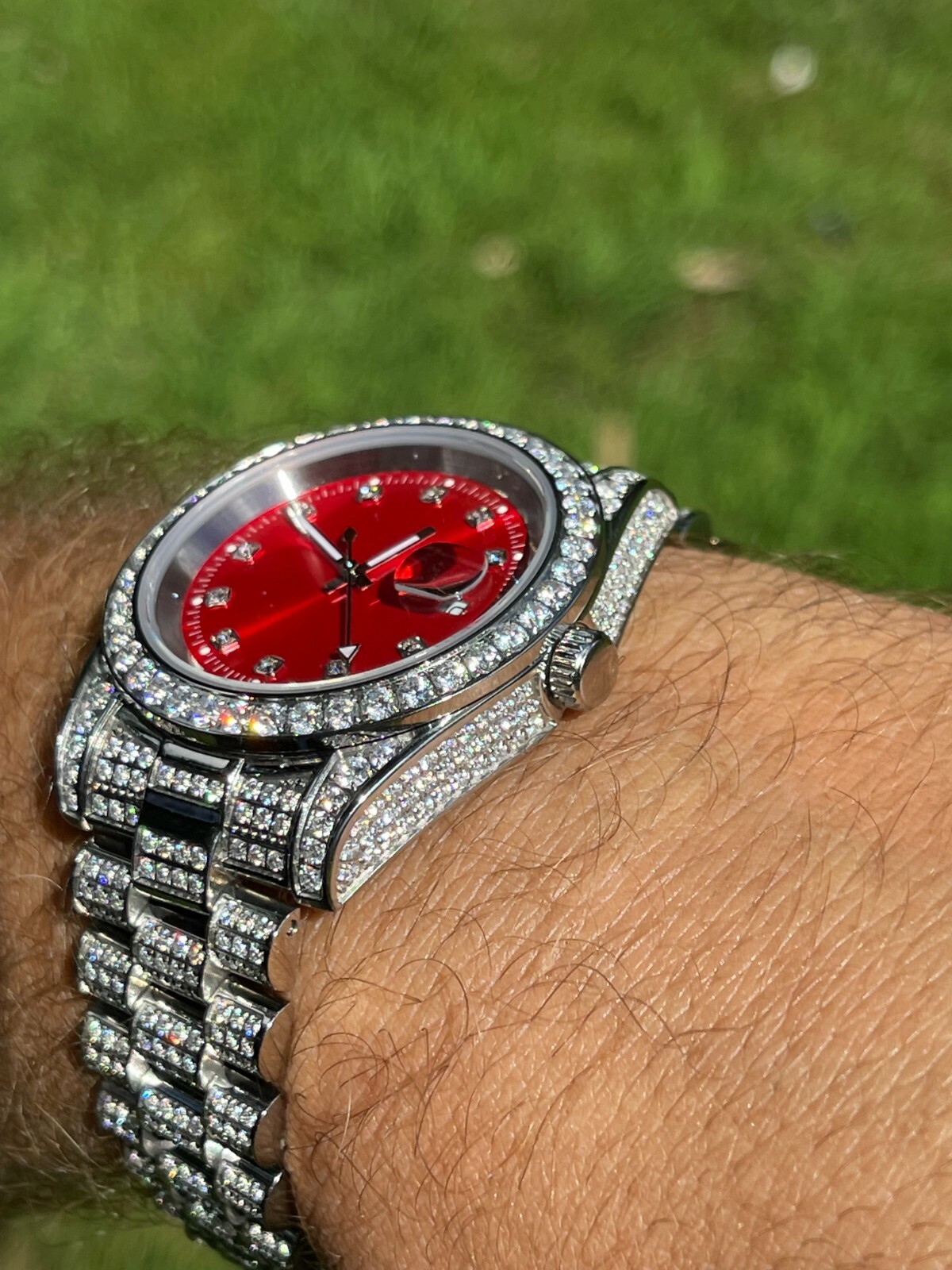 Pre-owned Harlembling Men Red Dial Presidential Real Ss 41mm Watch Fully Iced 12ct Flooded Out Cz