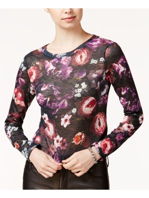 

BAR III Женский черный прозрачный топ без майки с цветочным принтом и длинными рукавами с вырезом под горло