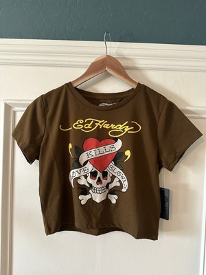 Ed Hardy Love Kills Slowly Size L Crop Top Brown Heart Skull Tattoo Art NWT Y2K