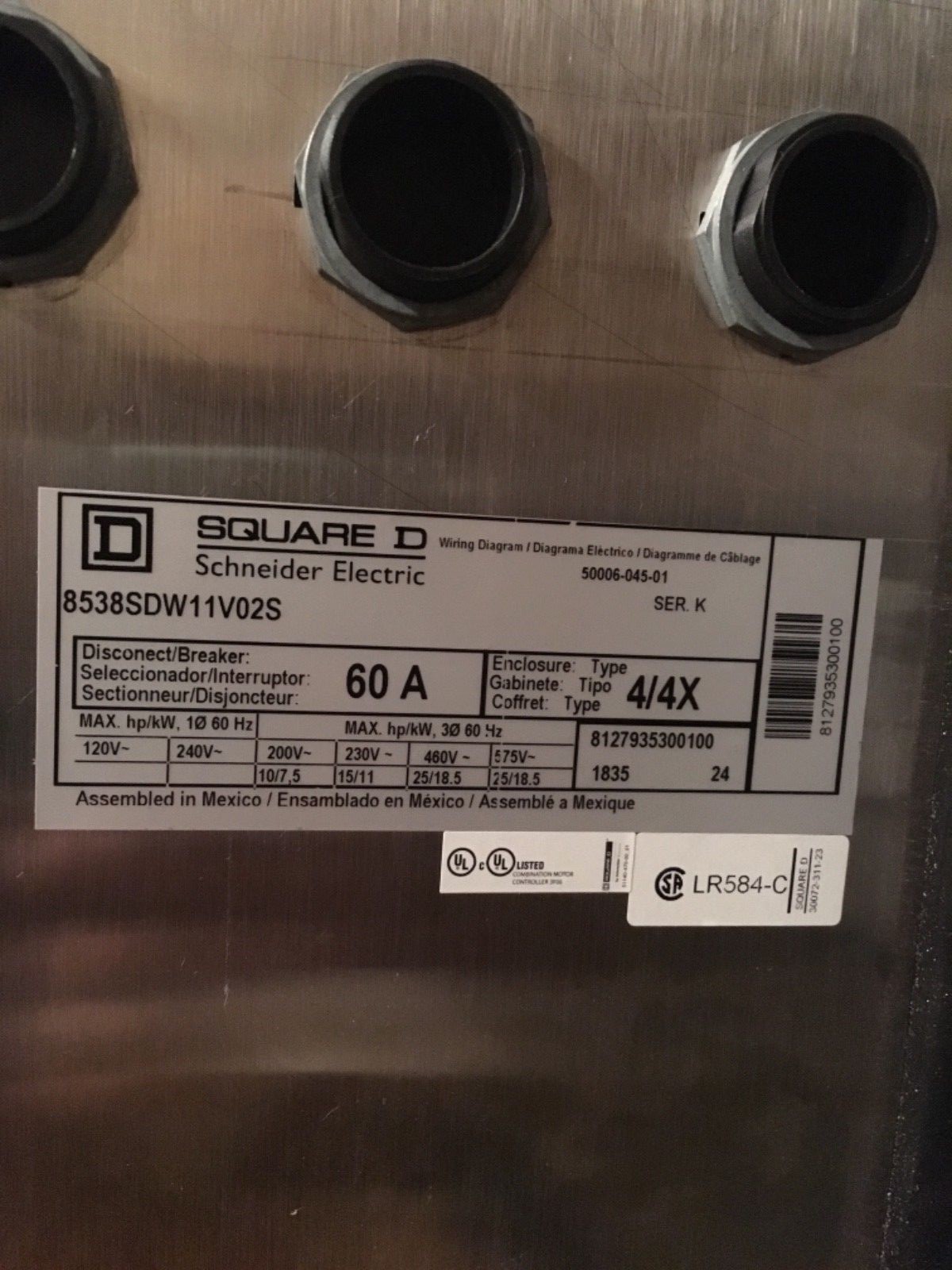 Square D 8538SDW11V02S AC Combination Motor Starter New in box Size 2  Stainless