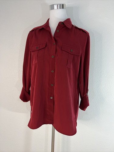 Jones New York Womans Top M Blouse Button Up Roll Tab Sleeve
