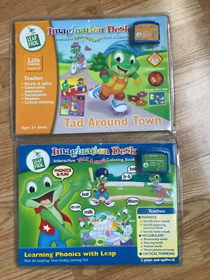 2 Imagination Desk Books & Cartridges Tad Around Town & Learning Phonics w/Leap